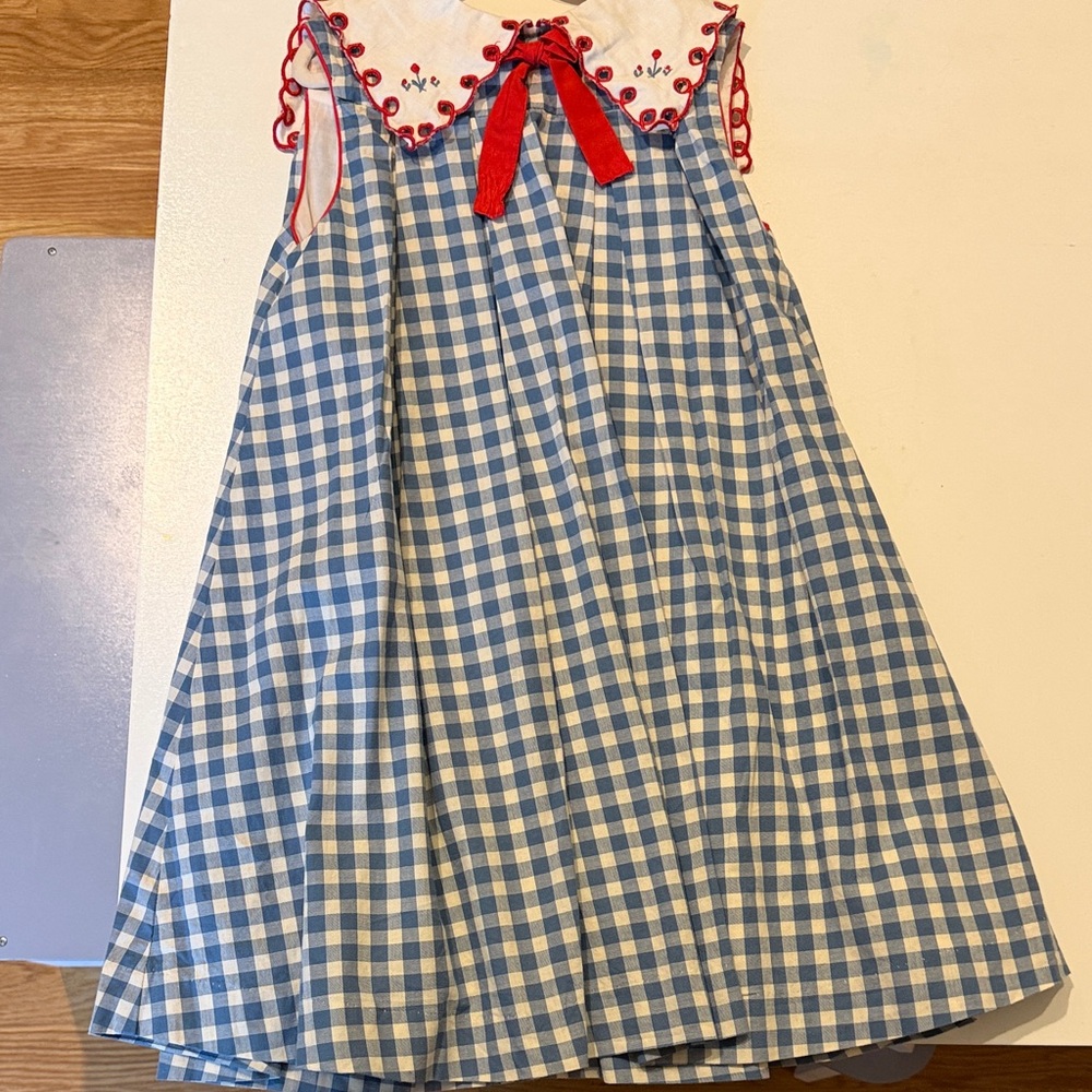 Blue Gingham Sleeveless Girls Dress with Red Trim